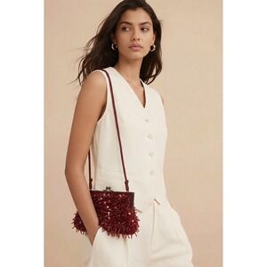 Lancome Burgundy Red Sequin Beaded Satin Kiss Lock Evening Clutch Crossbody Bag